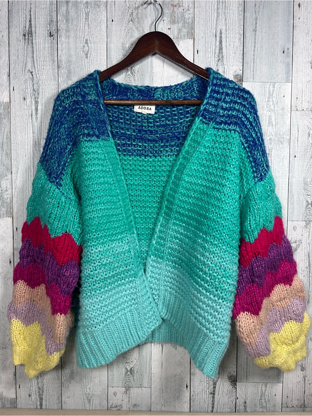 Adora S Rainbow Chunky Knit
Cardigan Balloon Sleeve Eclectic Whimsical Boho